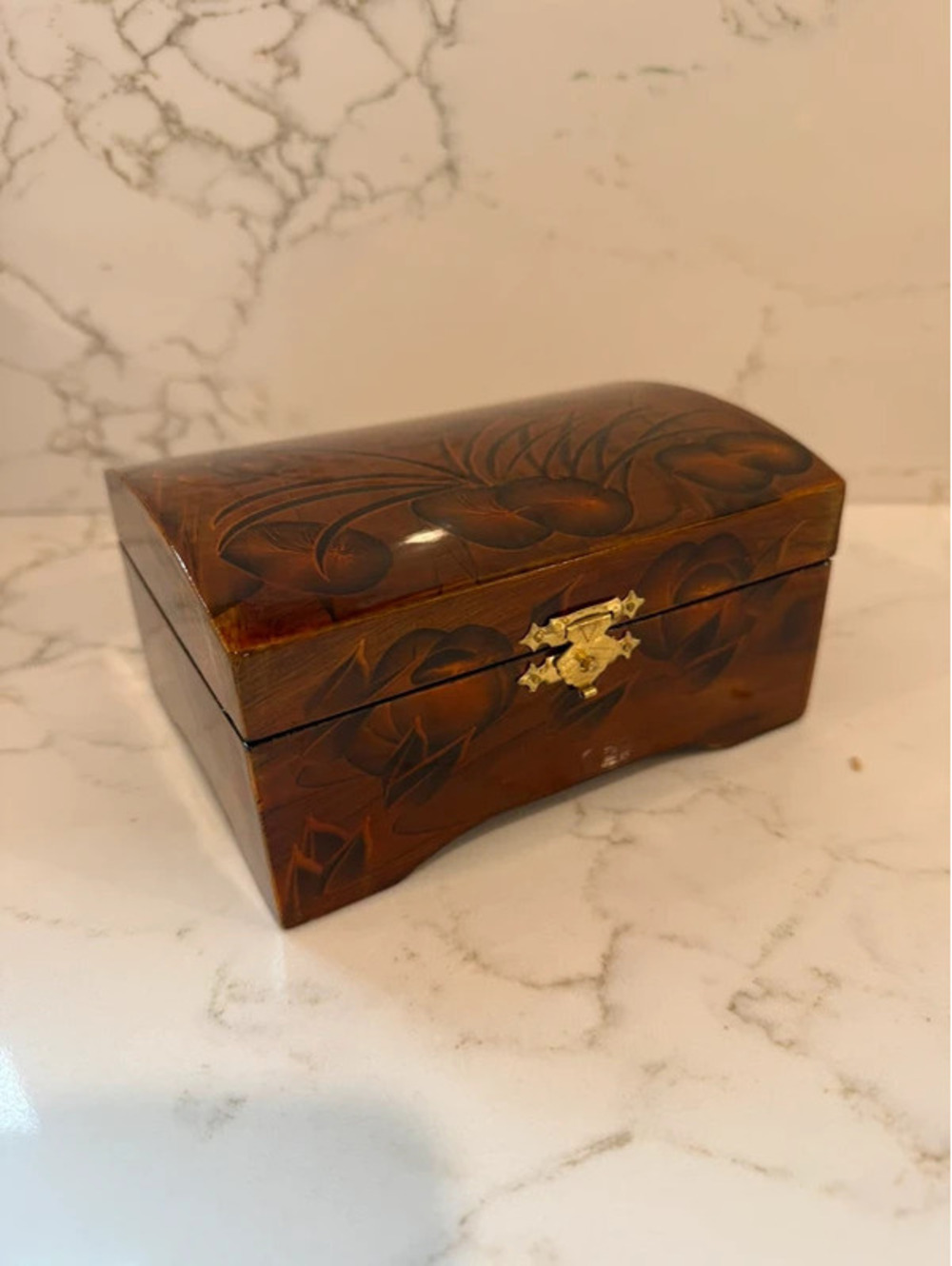 Vintage Hand Painted Wood Floral Jewelry Box Red Satin Interior Brass Latch